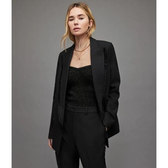 Allsaints Black Fringe Wool Blend Maxine Blazer Jacket - Picture 2 of 10